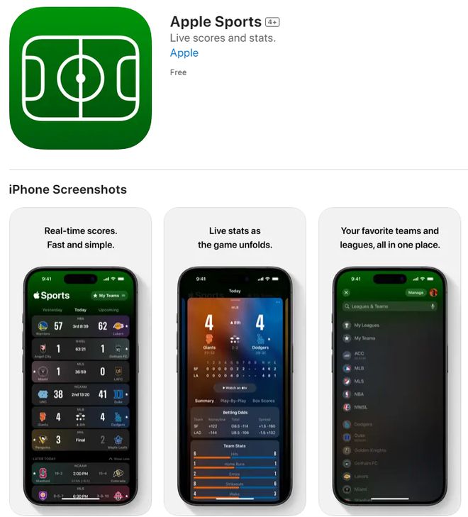 苹果推出免费体育赛事应用“Apple Sports”_Apple Sports功能介绍